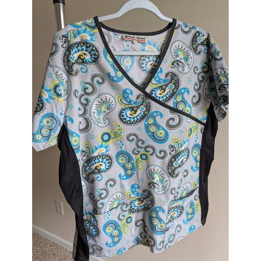 Green Town Womens XL Paisley Mock Wrap Scrub Top Blue Yellow Gray Stretch Sides